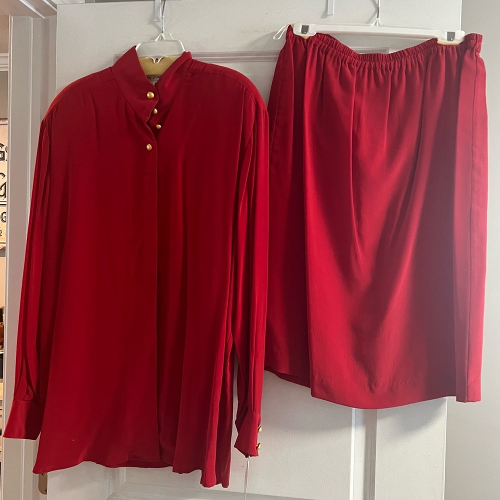 Nancy Crystal Red Button-Up Blouse and Skirt Set
